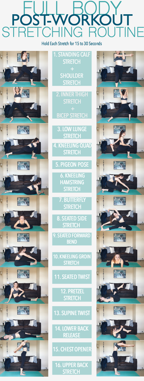 Full Body Post-Workout Stretching Routine that will help your muscles recover after a workout. Complete these stretches each for 15-30 seconds to get a deep stretch. This stretching routine should take around 17 minutes however you can pick and choose what you want to focus on. Stretching || Post-Workout || Health || Fitness