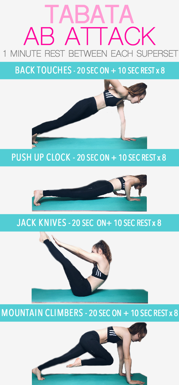 This Tabata Ab Attack Workout will make your abs feel like they are on fire. This workout consists of 20 seconds on and 10 seconds off x8 of the four exercises with a minute rest between each.